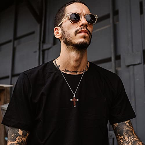 Mens Stainless Steel Hawaiian Koa Wood Cross Pendant Necklace For Christian Baptism,His Gift #TOP2
