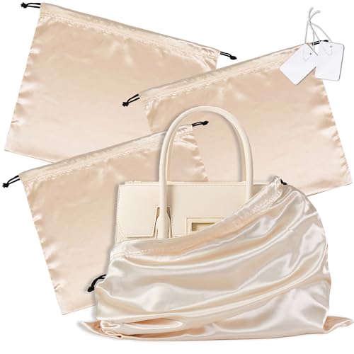 Vonty 3 Pack Silky Dust Bags for Shoes and Purses, Satin Drawstring Bag for HandBags Boots - Beige Shoe Bag Silk Dust Cover Bag Protector Travel Storage Pouch(23.6 x 19.6 In)4