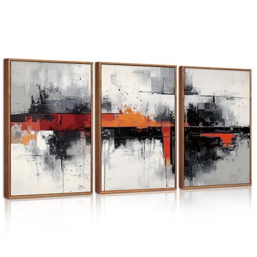 BINCUE 3 Teilig Abstrakte Leinwand Wandkunst,Schwarz & Orange Bilder mit Rahmen,Texturierte Grauweiße Wandbilder,Sanfte Pinselstriche Moderne Bilder Kunstdrucke für Wohnzimmer, Schlafzimmer30x40cm