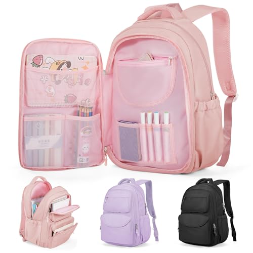 Lendolk Cute Backpack For School Teens Girls, Aesthetic Kids Elementary School Backpacks, Waterproof Middle Students Bookbag, Large Capacity Backpack For College Women Men (Pink)