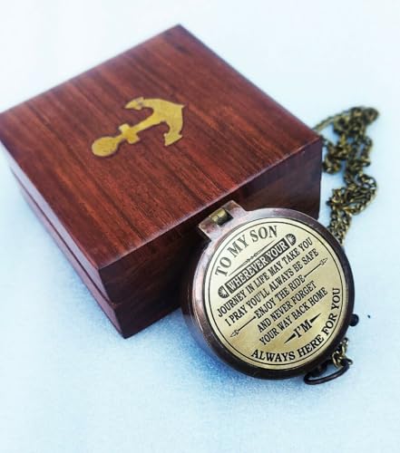 Brújula personalizada con mensaje inspirador para hijo, brújula de latón grabada con caja de madera miniatura 7