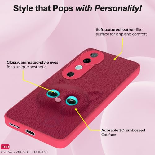 Image of AESTMO Back Case Cover for Vivo V40 / V40 Pro / T3 Ultra 5G Back Cover | 3D Cat Cover | Leather Finish | Full Body Protection | Camera Protection Back Cover (Pink