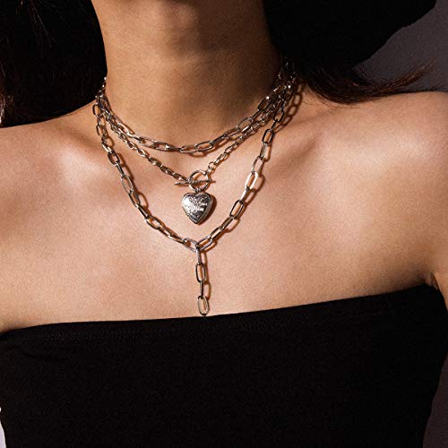 AILUOR Cool Punk Chunky Chain Statement Necklace for Women Heart Shaped Photo Locket Pendant Layered Choker Necklace Jewelry2