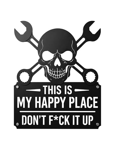 Funny Garage Metal Sign This Is My Happy Place Dont Mess It Up Skull & Crossed Wrenches Wall Decor Black Metal Sign for Garage Man Cave Workshop Shed Home Bar Decor (1 16in*14.5in)