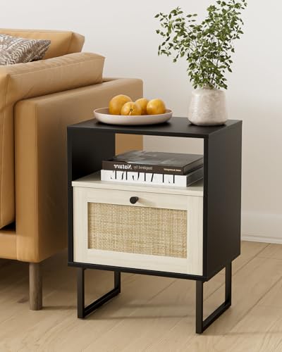 Image of Rattan Nightstand, Boho Night Stand Farmhouse Wood Bedside Table with Storage and Open Shelf, End Side Accent Table for Bedroom,Living Room,Black and Oak
