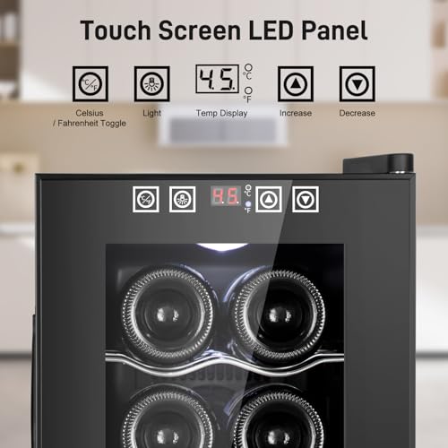 Image of Tylza 8 Bottles Wine Fridge, Wine Cellar with Low-E Tempered Glass Door, LED Touchscreen, Lock, Frost Free, No Vibration, Wine Cooler Refrigerator for Red, White, Champagne or Sparkling Wine, Black