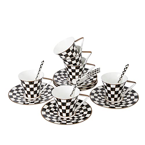 Porlien Hans 7-Ounce Checker Teacups And Saucers Set Of 6, Coffee Cups Set #TOP22