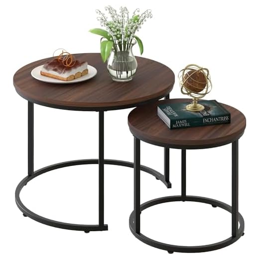 Huhote Round Coffee Tables, Set of 2 End Table, Nesting Tables, Side Table with Metal Frame for Living Room/Bedroom/Balcony/Office/Apartment, Diameter 23.6/15.7 IN (Black Frame, Dark Brown Top)