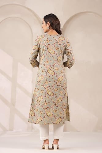 Image of Ichaa Women's Cotton Kurta | Printed Straight Kurta | V-Neck, 3 /4th Sleeve, Ethnic Wear
