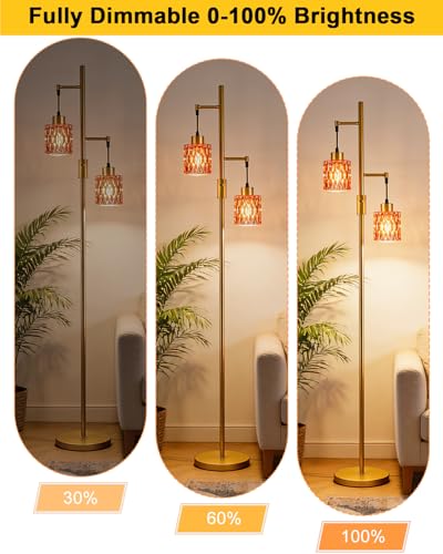 Image of 2-Light Glass Floor Lamp, 65IN Tall Standing Lamps Dimmable with Rose Red Glass Lampshade, 3000K Warmwhite Mid Century Modern Floor Lamp with 5Lbs Heavy Base for Living Room /Bedroom