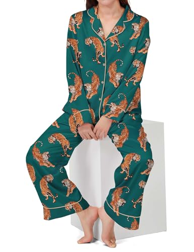 Image of SHESHOW Satin Pajamas Set for Women Set Long Sleeve Button Down Pjs Sets 2 Piece Loungewear Animal Sleepwear XS-XXL
