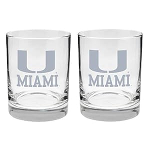 Miami Hurricanes 2-Sided Etched Satin Finish Rock or Whiskey Glasses Set of 2