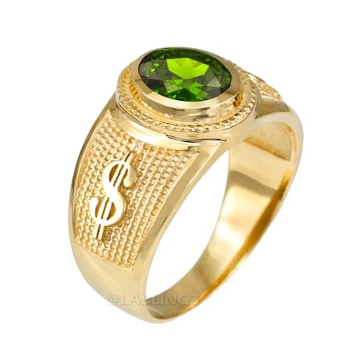 LA BLINGZ 14K Yellow Gold Cash Money Dollar Sign Birthstone Band Ring August Green CZ Size 16