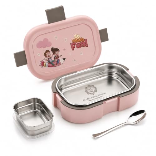 Image of Stainless Steel Lunch Box | Tiffin Box for School Office College | Lunch Box with Spoon & Small Container (Pink 1 Brunch Box)