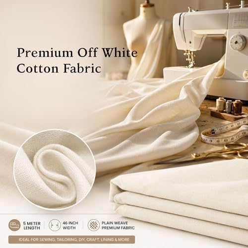 Image of Off White Cotton Fabric 5 Meter, 46 Inch Width Plain Cloth Material for Sewing, Jackets, Blouse, Craft, Lining & DIY Projects Soft Breathable Unstitched Fabric
