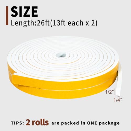 Image of Yotache White Doors Windows Insulation Tape 1 /2 inch x1 /4 inch, Total 26 Ft