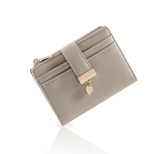 Pomelo Best kleines Portemonnaie Damen - kleine Geldbörse mit Münzfach und Druckknopf - Mini Geldbeutel im Kurzformat und Blattanhänger Design Frauen