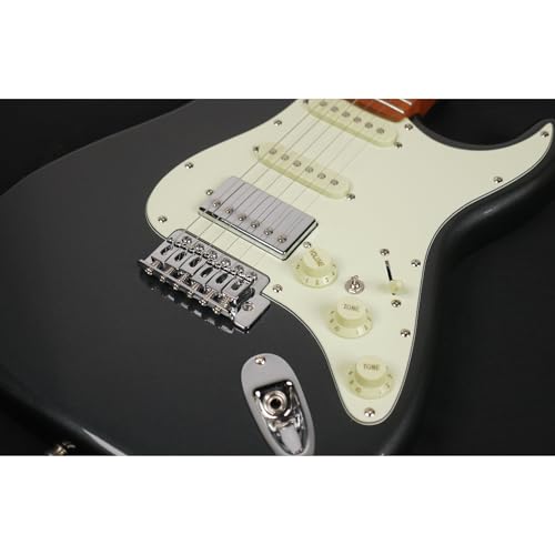 Image of SEST600 HSS Strat Electric Guitar | Roasted Maple Neck | Coil Split Humbucker | 22 Frets | 5-Way Switch | Gloss Finish | Premium Tremolo System | Strat Style Electric Guitar (Metallic Black)