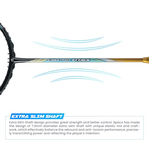 Image of Apacs Counter Attack (Ultralight 73g, 35 LBS) Made in Vietnam | Japanese Graphite Unstrung Badminton Racket with Full Cover | G2-4 1 /8 inches (Black Gold)