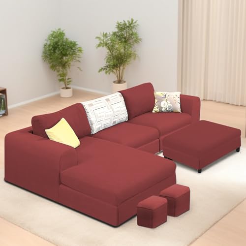 Image of Koza LHS 4 Seater L Shape Sofa Set with Center Table for Living Room (Maroon Fabric) Premium Fabric Sofa