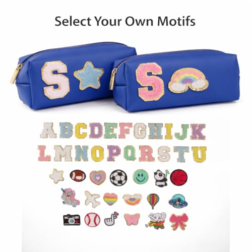 Image of AICA Gifts Personalized Leather Pencil Pouch (RoyalBlue) with Embroidered Alphabet & Patch | Pencil Pouch for Kids | Birthday Gift | Birthday Return Gift |Gift for Kids Age 6-10