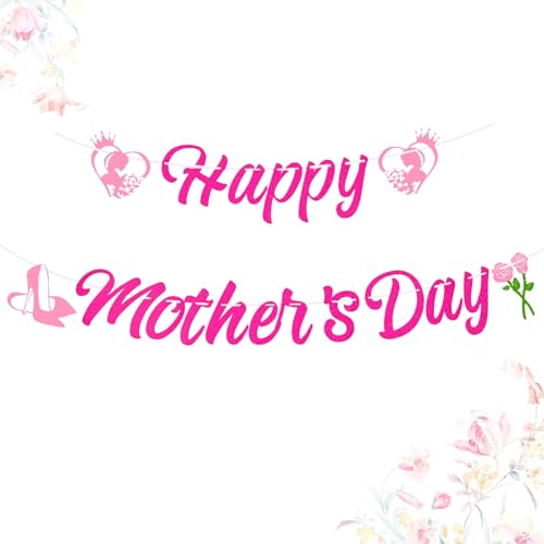 Bannière Décoration pour Fête de Mères - "Happy Mother's Day" Banderole avec Chaussures à Talons- Bannière des Mères pour Décorer la Maison de Fête