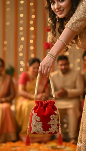 Image of Velvet Potli Bag with Golden & Silver Beaded Flower Embroidery - Handcrafted Ethnic Drawstring Bag for Weddings, Parties & Festive Gifts - Beaded Handle & Tassels for Women