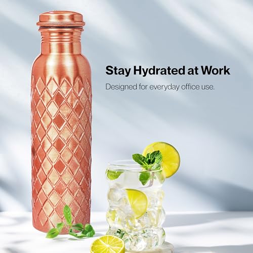 Image of Pure Copper Water Bottle, Copper Drinking Bottle Diamond Cut , 32 oz | 100% pure copper, Ayurvedic Tamra Jal vessel, leak-proof screw cap, cleaning brush included, reusable