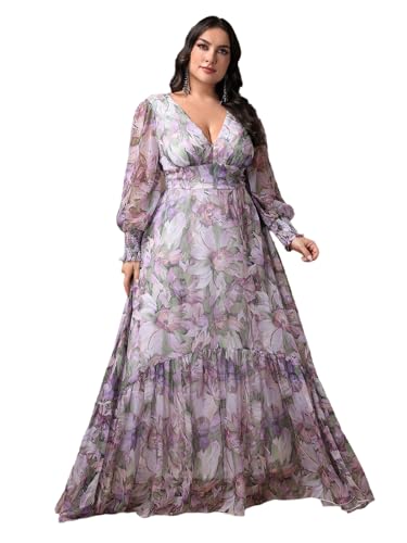 Image of Spring Summer 2024 Plus Size Womens Dresses V Neck Casual Elegant Long Sleeve Floral Print Maxi Dress