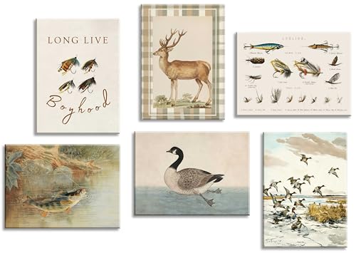 RHYQYGPX Vintage Nursery Wall Art Set of 6, Hunting Fishing
