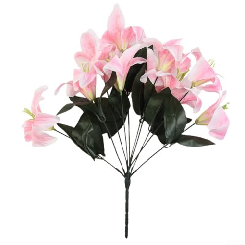 Bebykilemi Spray de flores artificiales de lirios – 45 cm de alto con 10 cabezas de flores de seda realistas, tallo de plástico y pétalos de tela, para el hogar, boda y evento (rosa)