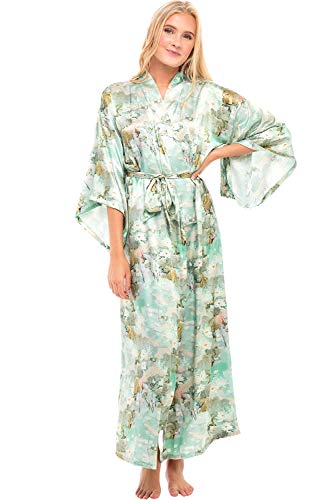 Alexander Del Rossa Women's Long Satin Kimono Robe, XL Teal Pattern (A0462W25X) Alaska 
