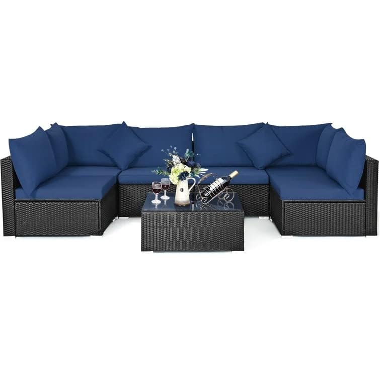 Image of 6 Seater Outdoor Patio Sectional Sofa L Shape sofaWicker Furniture Conversation Sets with Washable Cushions, and Glass Coffee Table for Garden, Poolside, and Backyard. (Black and Nevy Blue)