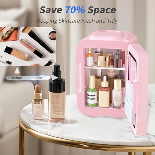 Image of YASHE Skincare Fridge Mini Fridge for Bedroom with Dimmable LED Mirror, 4Liter /6 Cans Cooler and Warmer for Makeup, Cosmetic, Beauty, Portable Refrigerator for Bedroom, Vanity, Office and Car- Pink