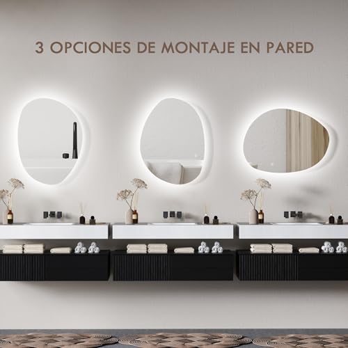 Miniatura 6 de Homcom Espejo De Baño Con Luz Led 80x60 Cm, Espejo De Pared Sin Marco, Con 3 Colores De Luz, Brillo Regulable, Función Antivaho, Función De Memoria, Interruptor Táctil, Ip44