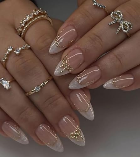 24 Pcs Luxury Stiletto Press On Nails with Gold Bow Design | Long Stiletto Artificial Fake Nails | French White & Nude Artificial Nails for Women | Reusable Fake Nail Extensions for Party & Wedding