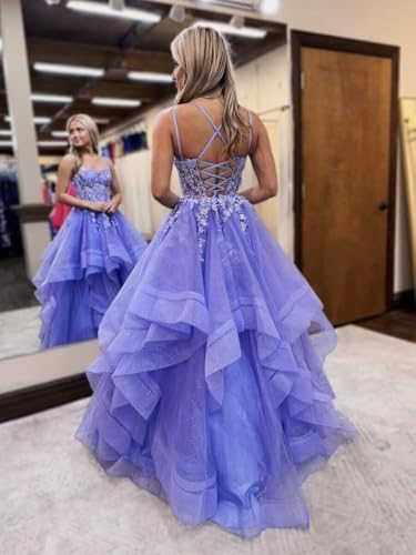 Spaghetti Straps Prom Dresses Glitter Tulle Ruffle Tiered Long Formal Ball Gown Laces Appliques Princess Dress4