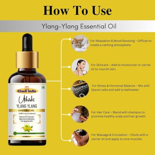 Image of Khadi YLANG YLANG Essential Oil 15 ml | Pure & Natural | For Skin Care, Dandruff & Dryness | Anti Aging Properties | Face & Body Massage Oil | All Skin Types | Aromatherapy for Men & Women
