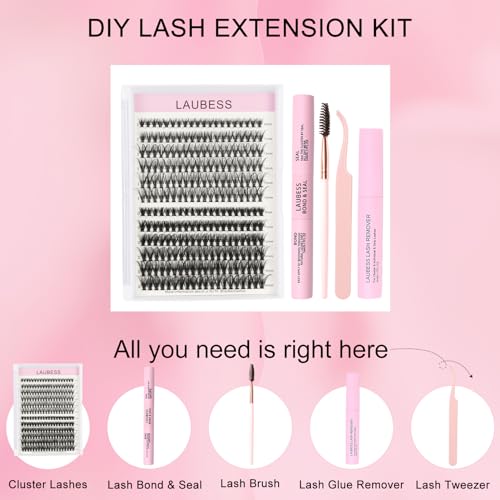 Image of Lash Extension Kit LAUBESS Lash Clusters Kit Cluster Eyelash Extensions Kit Eyelash Clusters Lash Bond and Seal Waterproof Tweezers Brush Lash Glue Remover (Kit 30D /40D-D-Mix9-16)