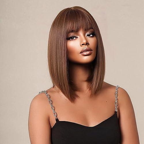 PORSMEER Medium Long Hair Wigs for Women Ladies Reddish Brown Bob Wigs with Fringe Natural Straight Synthetic Hair Wig 16 Inches,Everyday or Halloween Fancy dress Wig - Image 3