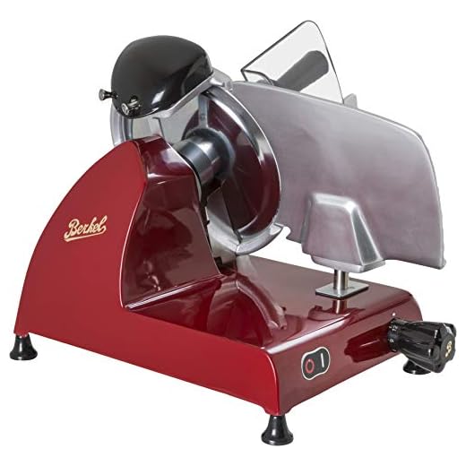 Berkel Red Line 220 Food Slicer, Red, 9" Blade, Electric Food Slicer, Slices Prosciutto, Meat, Cold Cuts, Fish, Ham, Cheese, Bread, Fruit and Veggies, has an Adjustable Thickness Dial