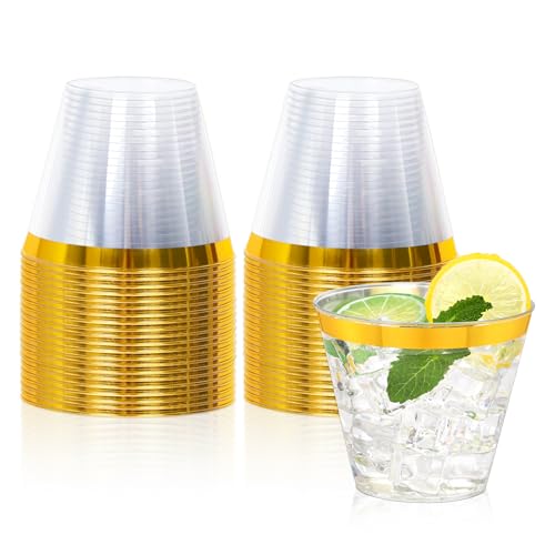 Image of 20 Pcs Gold Plastic Cups,9Oz Gold Rimmed Plastic Cups,Heavy Duty Gold Rim Clear Disposable Plasitc Cocktail Tumblers Wine Cup for Party,Wedding,Birthday,Christmas