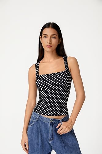 Image of QINSEN Women's Square Neck Sleeveless Double-Layer Tank Tops Basic Tight T Shirts