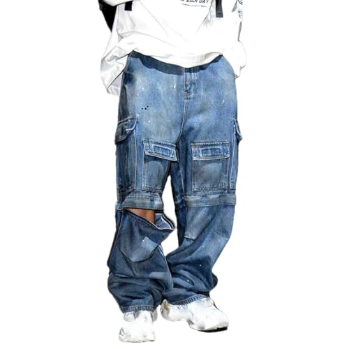 Men’S Chic Straight Fit Distressed Baggy Detachable Denim Cargo Pants Full Length Button Fly Midweight Multi Pocket