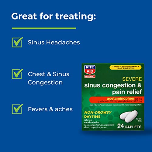 Rite Aid Daytime Severe Sinus Congestion & Pain Relief - Acetaminophen, 325 mg - 24 Caplets | Multi-Symptom Non-Drowsy | Relief | Cold and Flu | Cold & Sinus Medicine for Adults - Image 6