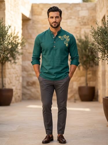 Image of DEEMOON Men's Full Sleeve Short Kurta Shirt with a Trendy Mandarin Collar Crafted from a Premium Cotton Blend for Comfort Ideal for Casual and Semi-Formal Occasions