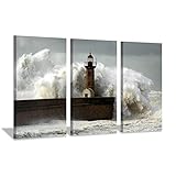 Ocean Wave Picture Wall Art: Lighthouse in Storm Wave Artwork Painting Print on Canvas for Bedroom...