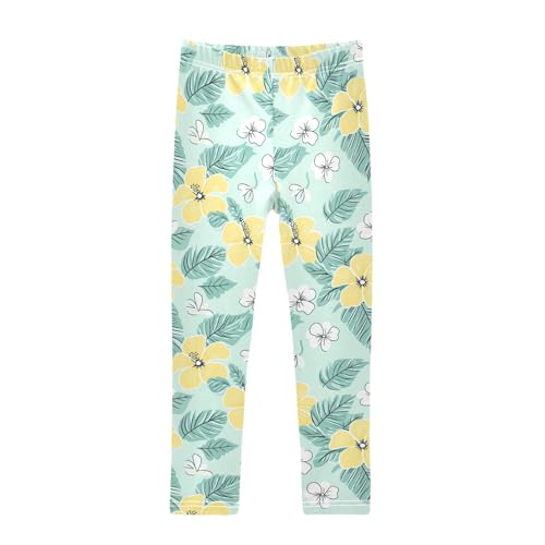 Yellow Hibiscus Palm Leaf Girls Casual Leggings for Kids Printed Long Pant Bottoms Stretch and Soft
