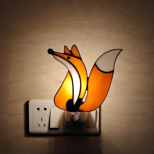 Image of CHEZBABY Stained Glass Night Light Plug into Wall Lamp Decorative Accent Nightlight for Hallway Bedroom Bathroom Kitchen Home Decor(Fox)