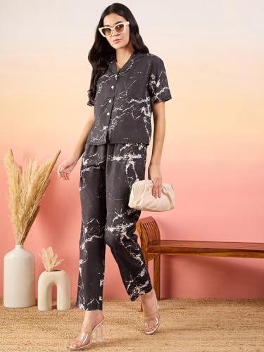 Image of Modeve Women Shirt Pant Navy Abstract Print Co-Ord Set
